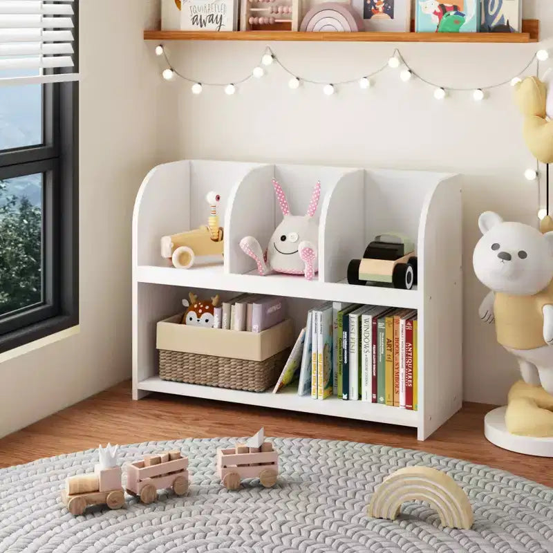 VIYET 24 Bibliothèque enfant à 4 compartiments, étagère de rangement et de présentation en MDF blanc (Organisateur de jouets anti-basculement pour salle de jeux/crèche)