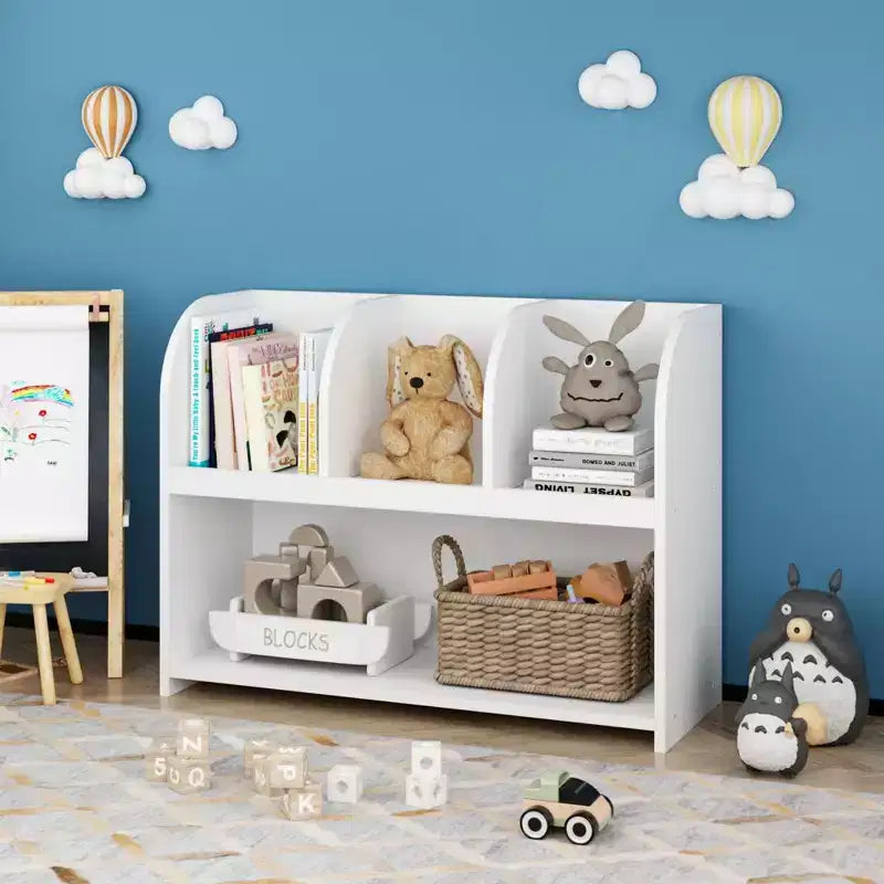 VIYET 24 Bibliothèque enfant à 4 compartiments, étagère de rangement et de présentation en MDF blanc (Organisateur de jouets anti-basculement pour salle de jeux/crèche)