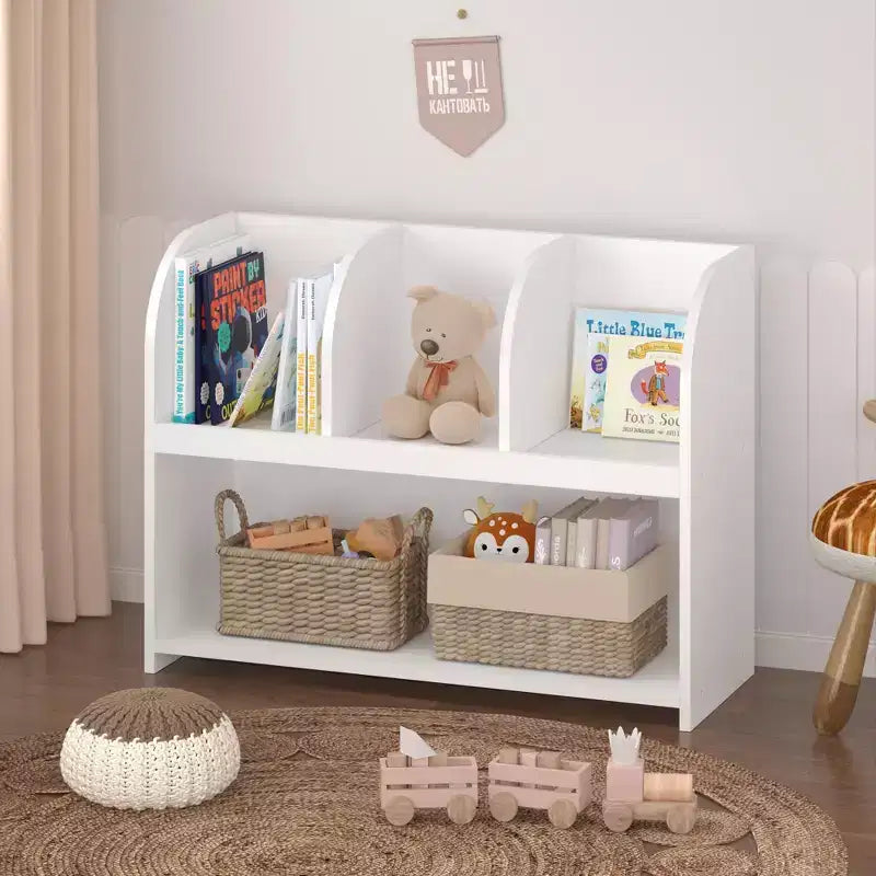 VIYET 24 Bibliothèque enfant à 4 compartiments, étagère de rangement et de présentation en MDF blanc (Organisateur de jouets anti-basculement pour salle de jeux/crèche)