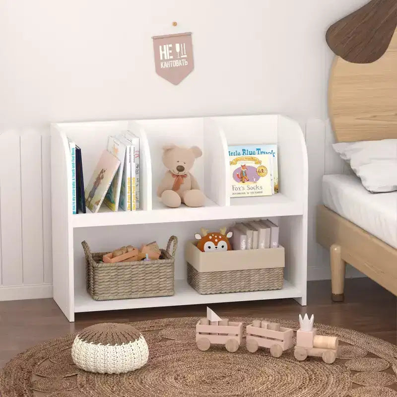 VIYET 24 Bibliothèque enfant à 4 compartiments, étagère de rangement et de présentation en MDF blanc (Organisateur de jouets anti-basculement pour salle de jeux/crèche)