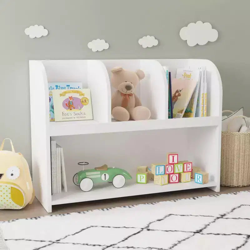VIYET 24 Bibliothèque enfant à 4 compartiments, étagère de rangement et de présentation en MDF blanc (Organisateur de jouets anti-basculement pour salle de jeux/crèche)
