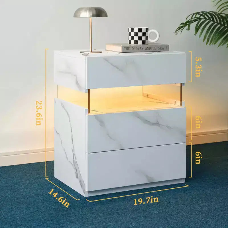 MAYEERTY Table de chevet avec commode 3 tiroirs pour chambre à coucher Table d'appoint pour salon, pierre blanche