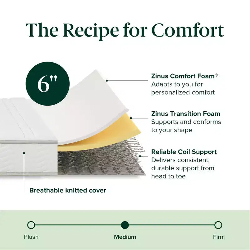 Matelas hybride ressorts et mousse Zinus 6 pouces [Nouvelle version], Lit simple, Fermeté moyenne, Soutien durable, Mousses et tissus certifiés sûrs, Matelas dans une boîte