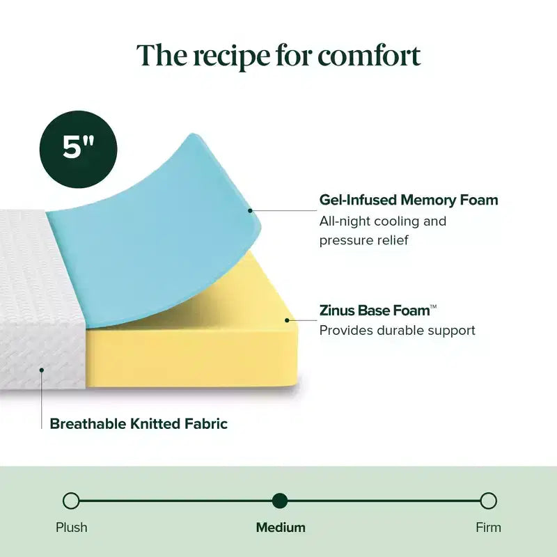 Matelas en mousse à mémoire de forme Zinus 5 Twin Cooling Essential, sans fibre de verre, fermeté moyenne, couches rafraîchissantes et respirantes, matériaux certifiés sûrs