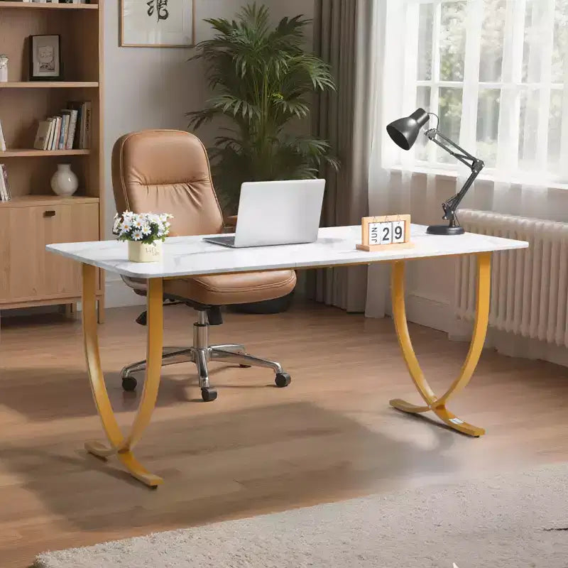 Bureau de Direction VEVOR, Grand Bureau de 160 x 80 cm, Table d'Ordinateur Moderne pour Salle de Conférence, Mobilier de Bureau avec Grand Plateau, Blanc+Doré