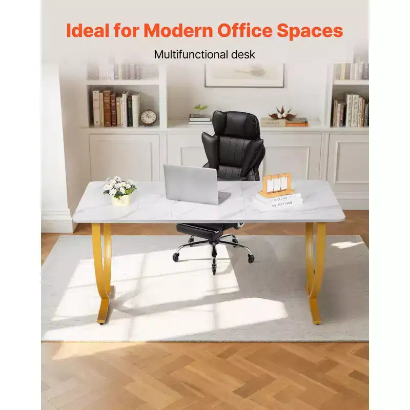 Bureau de Direction VEVOR, Grand Bureau de 160 x 80 cm, Table d'Ordinateur Moderne pour Salle de Conférence, Mobilier de Bureau avec Grand Plateau, Blanc+Doré