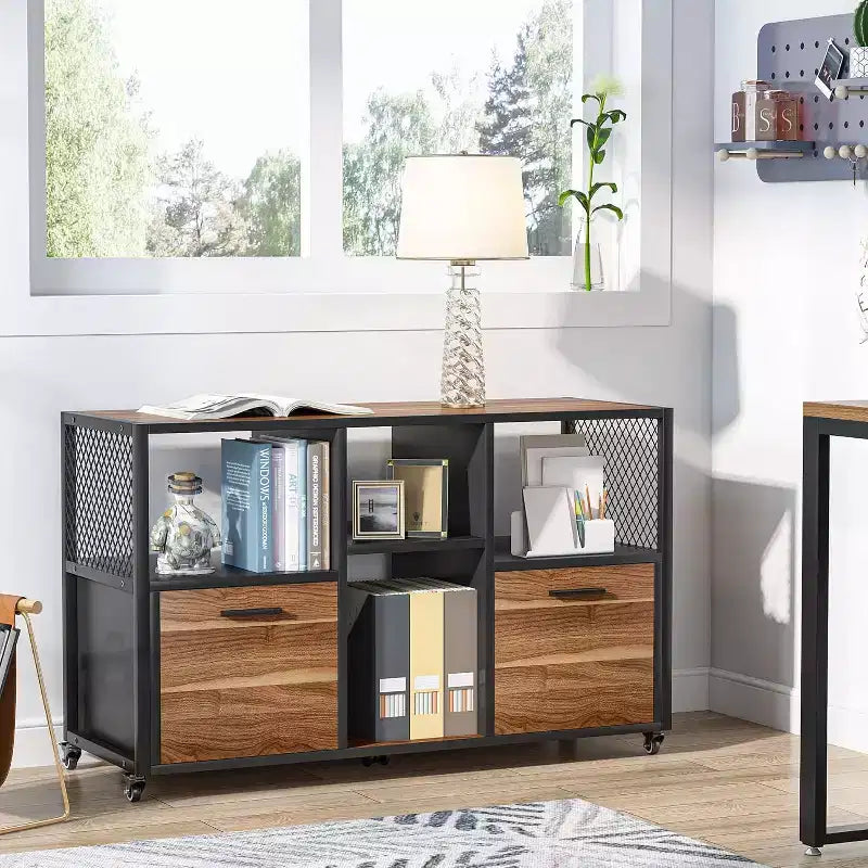 Lantine Classeur en bois à 2 tiroirs, meuble de classement latéral mobile moderne pour documents au format lettre/A4 avec support d'imprimante pour bureau à domicile, noyer rustique