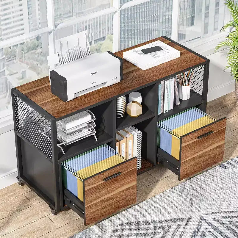 Lantine Classeur en bois à 2 tiroirs, meuble de classement latéral mobile moderne pour documents au format lettre/A4 avec support d'imprimante pour bureau à domicile, noyer rustique