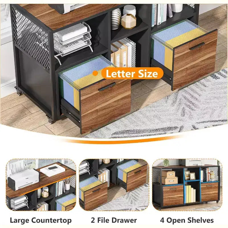 Lantine Classeur en bois à 2 tiroirs, meuble de classement latéral mobile moderne pour documents au format lettre/A4 avec support d'imprimante pour bureau à domicile, noyer rustique