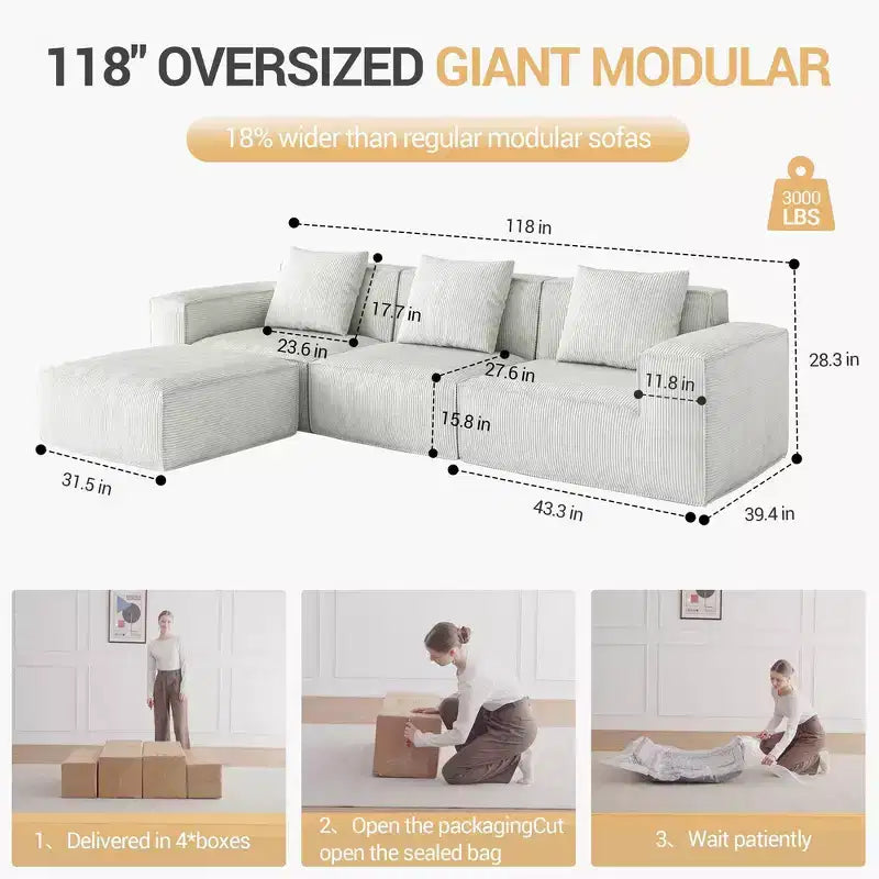 Canapé sectionnel modulaire Whisen avec accoudoir droit en chenille, canapé-lit convertible en blocs de tofu - Crème