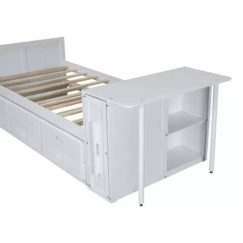 Lit Plateforme Multifonctionnel MAYEERTY en Bois, Taille Jumeau, avec Bureau, Étagère de Rangement, Lit Gigogne et 3 Tiroirs pour Chambre à Coucher, Blanc
