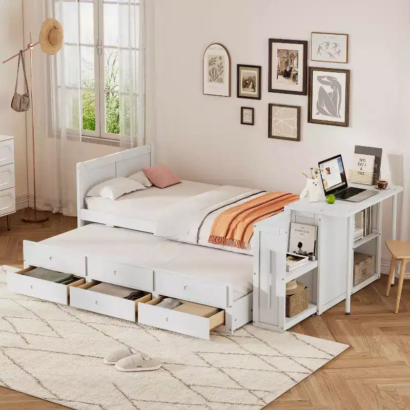 Lit Plateforme Multifonctionnel MAYEERTY en Bois, Taille Jumeau, avec Bureau, Étagère de Rangement, Lit Gigogne et 3 Tiroirs pour Chambre à Coucher, Blanc