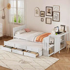 Lit Plateforme Multifonctionnel MAYEERTY en Bois, Taille Jumeau, avec Bureau, Étagère de Rangement, Lit Gigogne et 3 Tiroirs pour Chambre à Coucher, Blanc