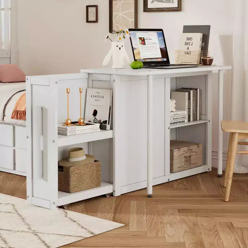 Lit Plateforme Multifonctionnel MAYEERTY en Bois, Taille Jumeau, avec Bureau, Étagère de Rangement, Lit Gigogne et 3 Tiroirs pour Chambre à Coucher, Blanc