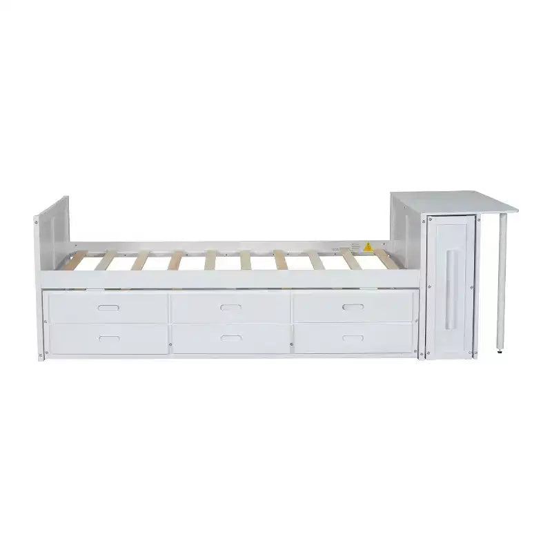 Lit Plateforme Multifonctionnel MAYEERTY en Bois, Taille Jumeau, avec Bureau, Étagère de Rangement, Lit Gigogne et 3 Tiroirs pour Chambre à Coucher, Blanc