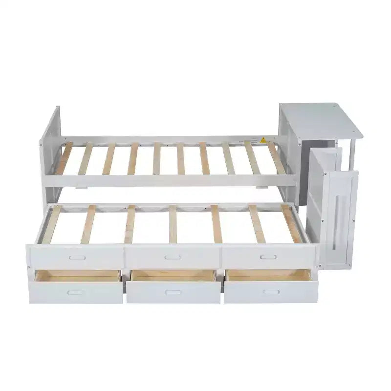Lit Plateforme Multifonctionnel MAYEERTY en Bois, Taille Jumeau, avec Bureau, Étagère de Rangement, Lit Gigogne et 3 Tiroirs pour Chambre à Coucher, Blanc