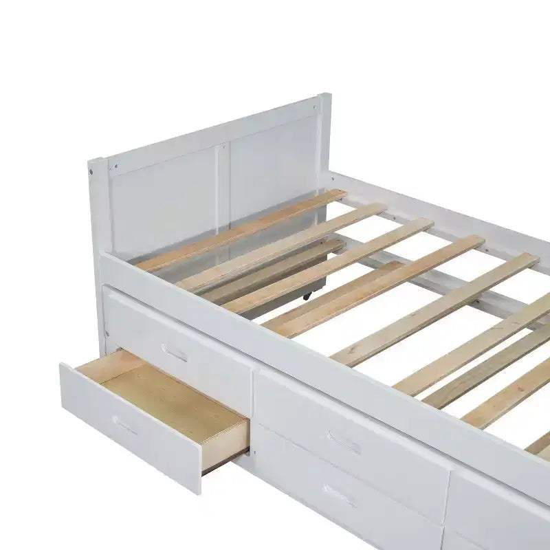 Lit Plateforme Multifonctionnel MAYEERTY en Bois, Taille Jumeau, avec Bureau, Étagère de Rangement, Lit Gigogne et 3 Tiroirs pour Chambre à Coucher, Blanc