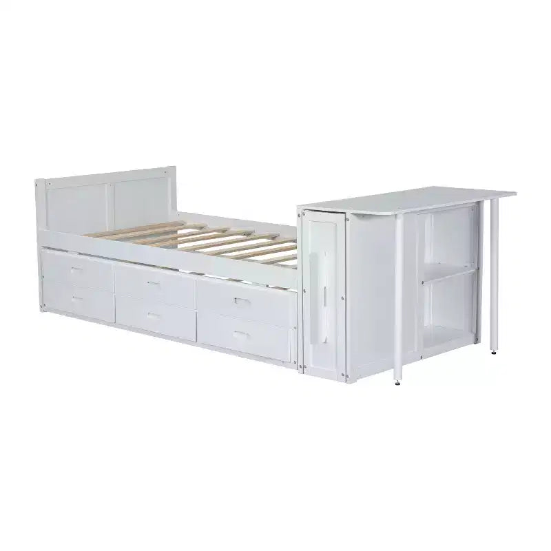 Lit Plateforme Multifonctionnel MAYEERTY en Bois, Taille Jumeau, avec Bureau, Étagère de Rangement, Lit Gigogne et 3 Tiroirs pour Chambre à Coucher, Blanc