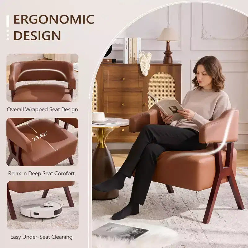 Fauteuil d'appoint rembourré TYBOATLE style mi-siècle avec assise revêtue de similicuir et cadre en bois massif