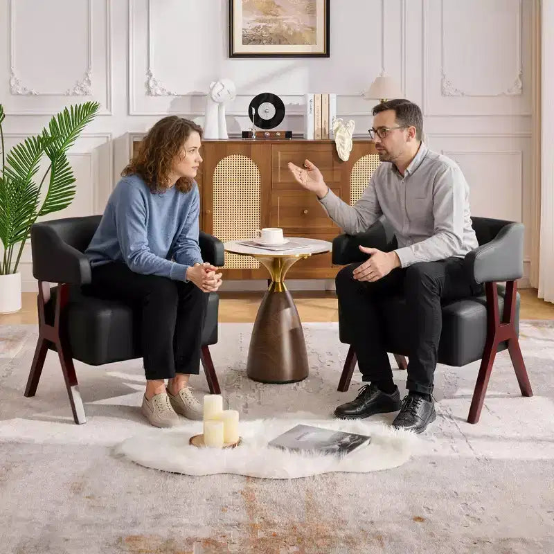 Fauteuil d'appoint rembourré TYBOATLE style mi-siècle avec assise revêtue de similicuir et cadre en bois massif