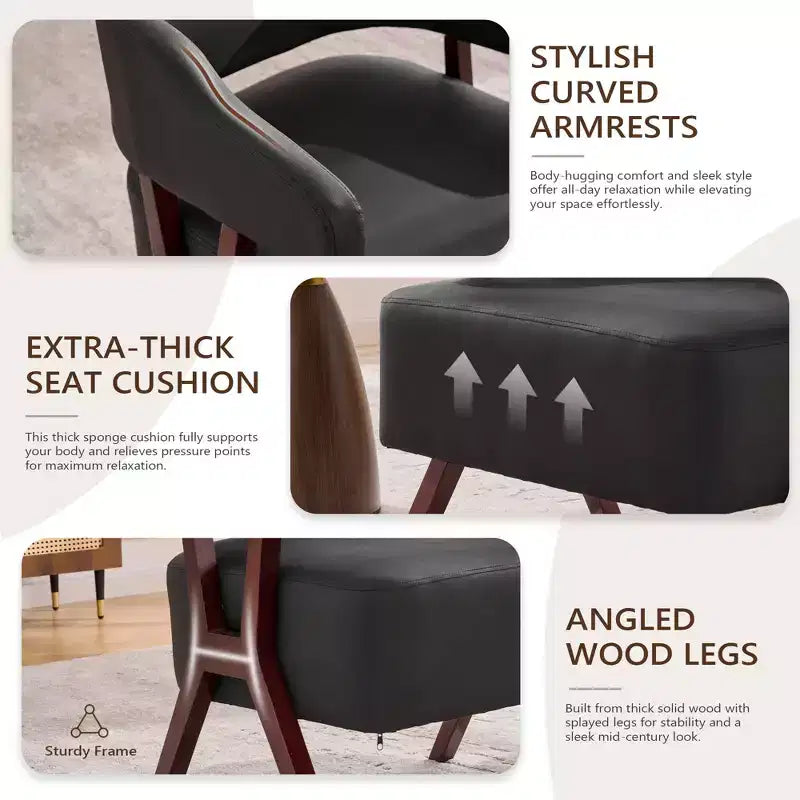 Fauteuil d'appoint rembourré TYBOATLE style mi-siècle avec assise revêtue de similicuir et cadre en bois massif