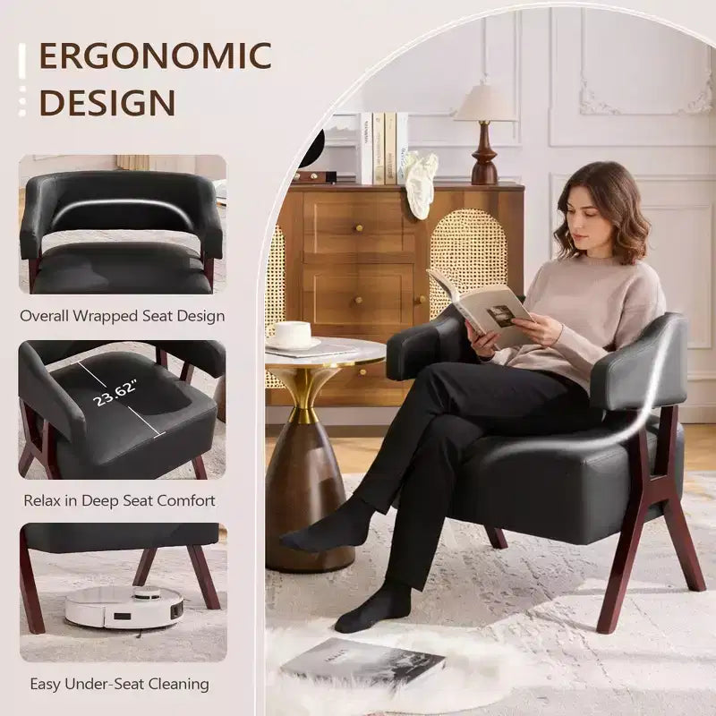 Fauteuil d'appoint rembourré TYBOATLE style mi-siècle avec assise revêtue de similicuir et cadre en bois massif