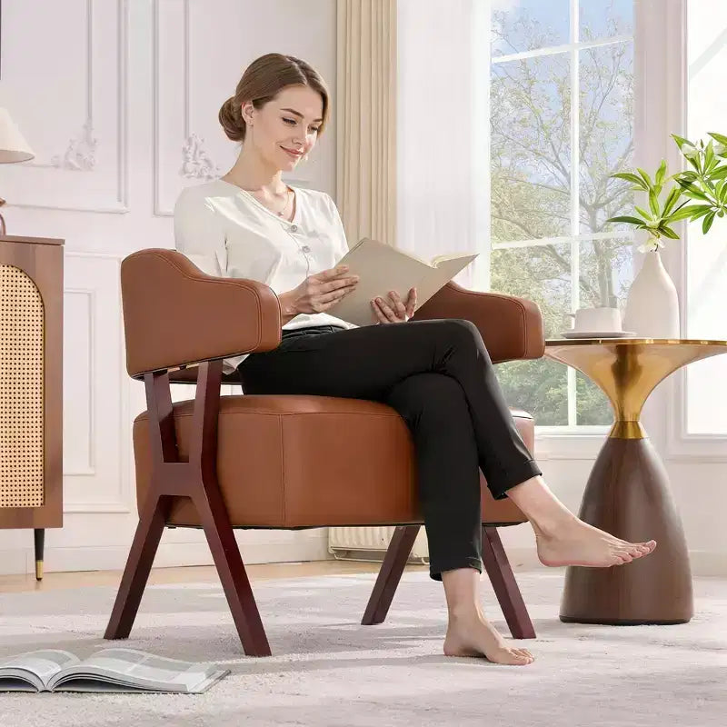 Fauteuil d'appoint rembourré TYBOATLE style mi-siècle avec assise revêtue de similicuir et cadre en bois massif
