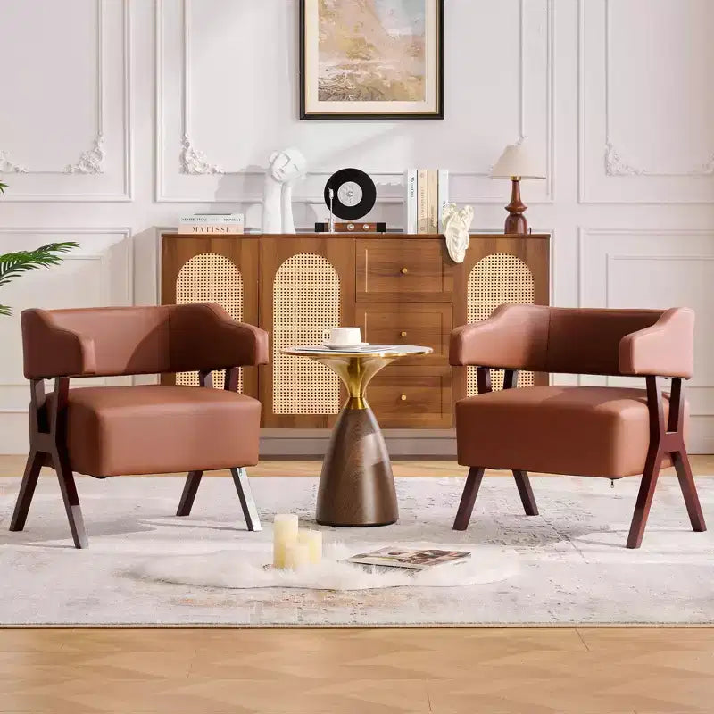 Fauteuil d'appoint rembourré TYBOATLE style mi-siècle avec assise revêtue de similicuir et cadre en bois massif