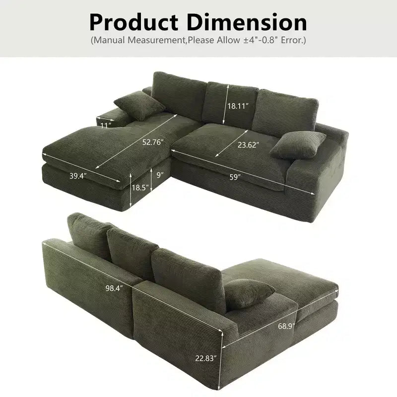 Canapé compressé en velours côtelé Clihome - Doux et agréable pour la peau avec 3 coussins de dossier et 2 coussins décoratifs