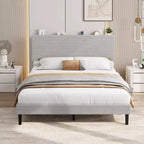 Queen Bed Frame, Velvet Adjustable Upholstered Platform Bed Frame with Charging Station, Adjustable Storage Headboard, No Box Spring Needed