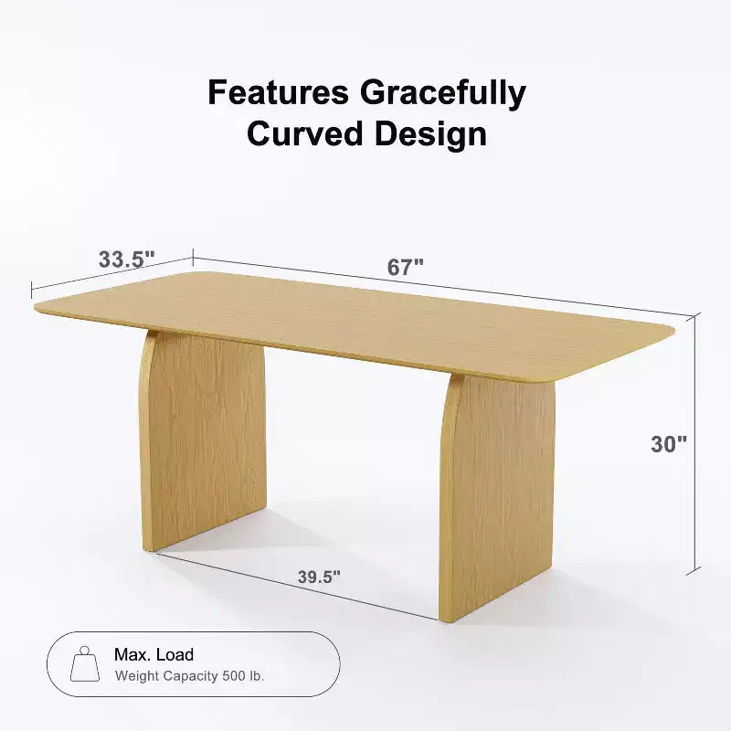 PexFix 67 x 33.5 Table de salle à manger de style ferme, en bois massif, avec pieds arqués et plateau carré en bois naturel pour salle à manger et cuisine
