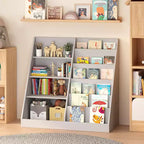 Bibliothèque pour enfants en bois à 4 niveaux avec rangement pour jouets, organisateur d'affichage de livres frontaux pour chambre d'enfant, gris