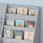 Bibliothèque pour enfants en bois à 4 niveaux avec rangement pour jouets, organisateur d'affichage de livres frontaux pour chambre d'enfant, gris