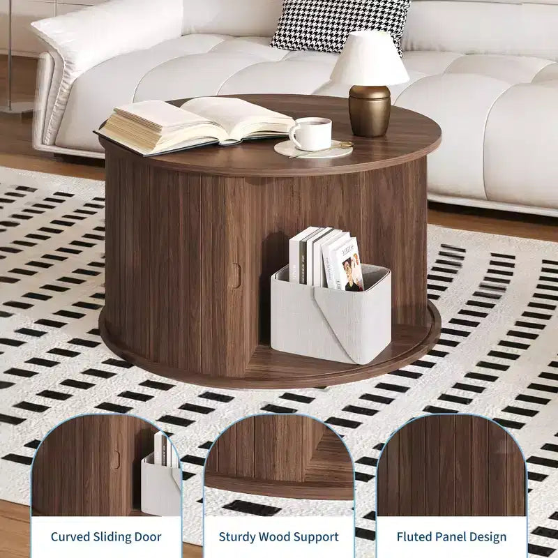 Table basse ronde moderne du milieu du siècle, 71 cm, design cannelé avec rangement à porte coulissante, parfaite pour le salon (1 pièce)