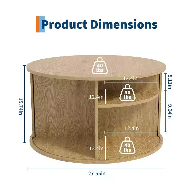 Table basse ronde moderne du milieu du siècle, 71 cm, design cannelé avec rangement à porte coulissante, parfaite pour le salon (1 pièce)