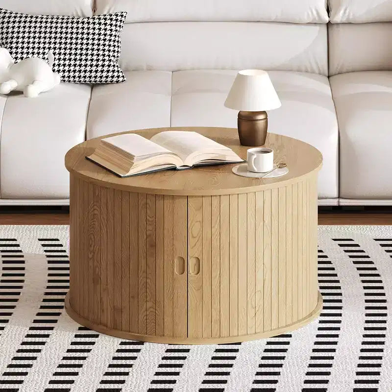 Table basse ronde moderne du milieu du siècle, 71 cm, design cannelé avec rangement à porte coulissante, parfaite pour le salon (1 pièce)