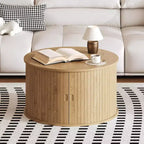 Table basse ronde moderne du milieu du siècle, 71 cm, design cannelé avec rangement à porte coulissante, parfaite pour le salon (1 pièce)