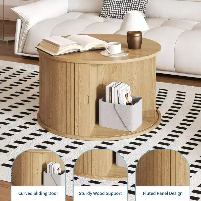 Table basse ronde moderne du milieu du siècle, 71 cm, design cannelé avec rangement à porte coulissante, parfaite pour le salon (1 pièce)