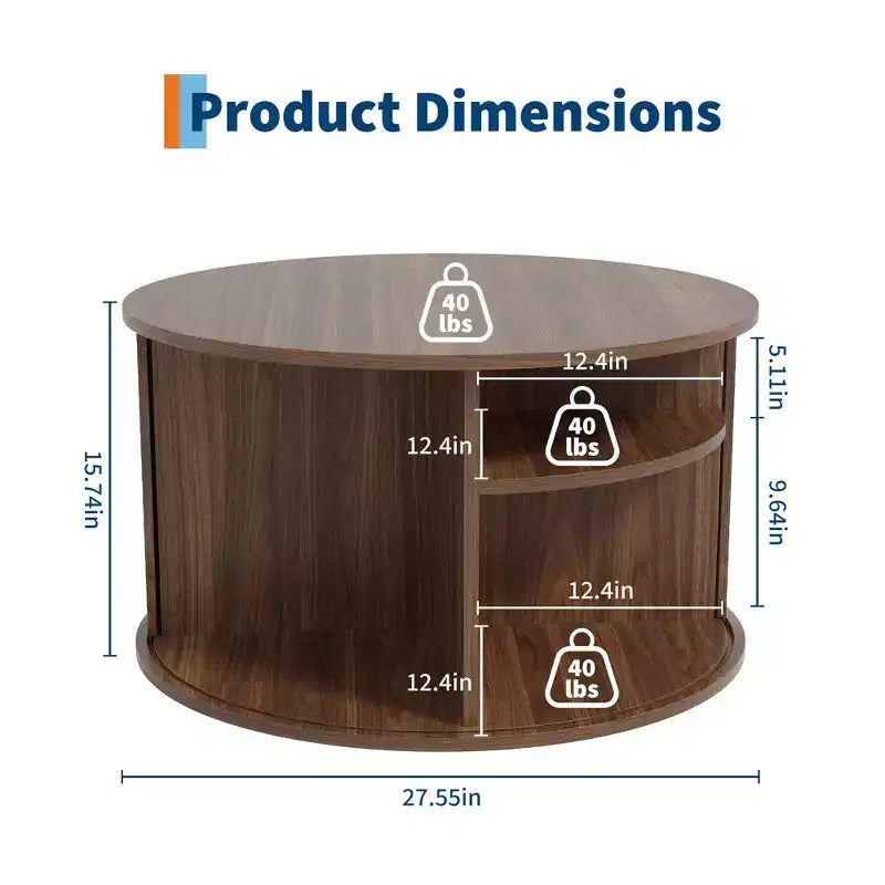 Table basse ronde moderne du milieu du siècle, 71 cm, design cannelé avec rangement à porte coulissante, parfaite pour le salon (1 pièce)