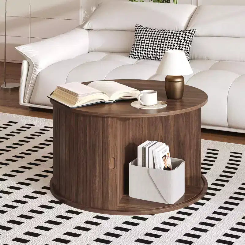 Table basse ronde moderne du milieu du siècle, 71 cm, design cannelé avec rangement à porte coulissante, parfaite pour le salon (1 pièce)