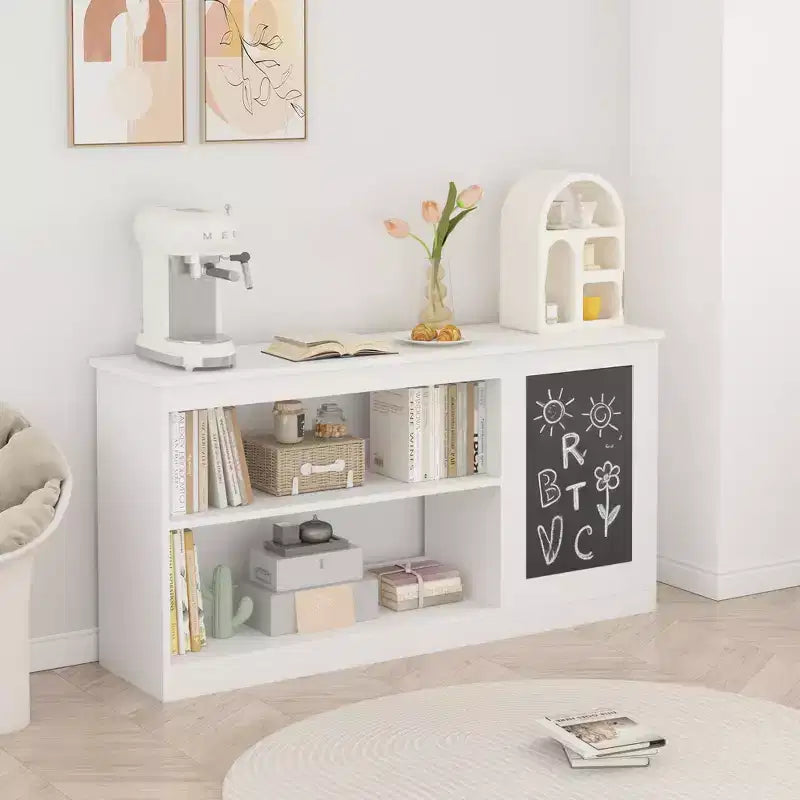 Étagère à Livres et Meuble de Rangement pour Jouets 3-en-1 pour Enfants avec Tableau Noir, Organisateur Blanc Moderne pour Salle de Jeux