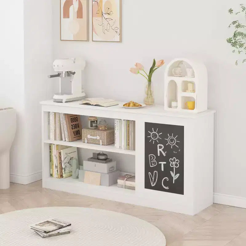 Étagère à Livres et Meuble de Rangement pour Jouets 3-en-1 pour Enfants avec Tableau Noir, Organisateur Blanc Moderne pour Salle de Jeux