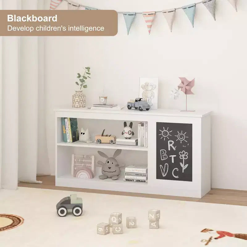 Étagère à Livres et Meuble de Rangement pour Jouets 3-en-1 pour Enfants avec Tableau Noir, Organisateur Blanc Moderne pour Salle de Jeux