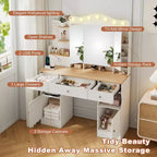 Coiffeuse avec miroir, coiffeuse de maquillage avec 2 prises USB, ensemble coiffeuse avec trois tiroirs et deux armoires