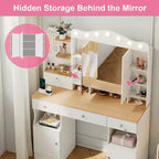 Coiffeuse avec miroir, coiffeuse de maquillage avec 2 prises USB, ensemble coiffeuse avec trois tiroirs et deux armoires