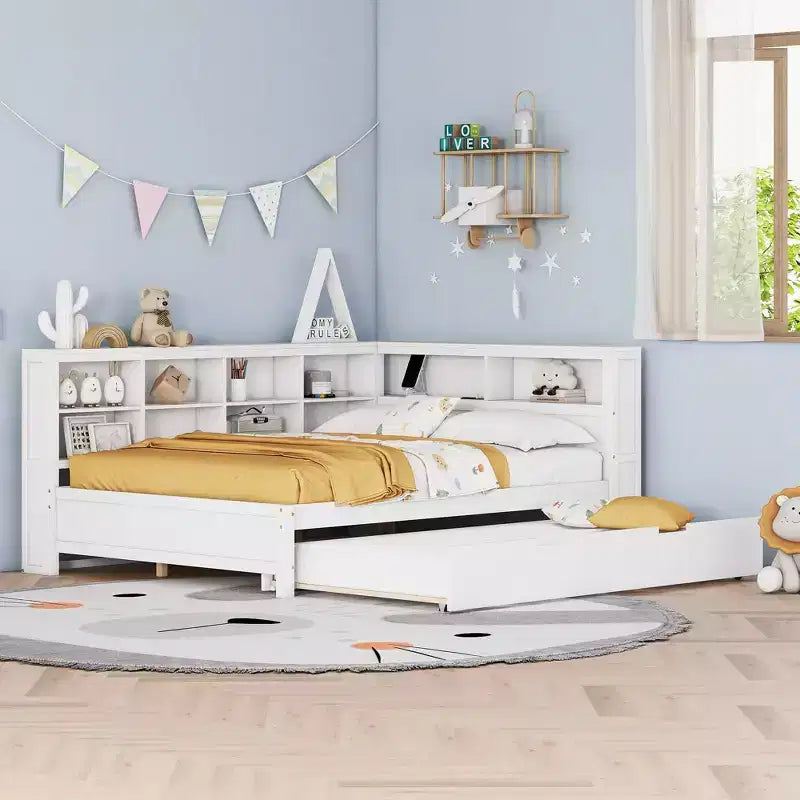 MAYEERTY Full Size with Trundle Storage Shelf for Bedroom White