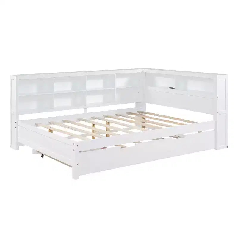 MAYEERTY Grand lit avec lit gigogne et étagère de rangement pour chambre, blanc