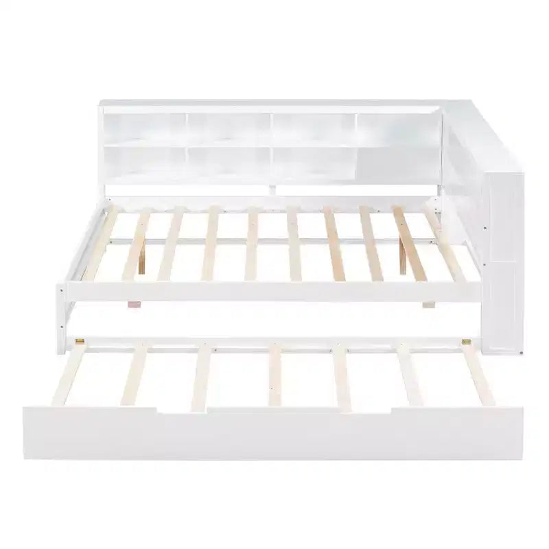 MAYEERTY Grand lit avec lit gigogne et étagère de rangement pour chambre, blanc