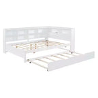 MAYEERTY Grand lit avec lit gigogne et étagère de rangement pour chambre, blanc