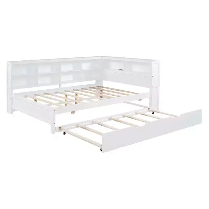 MAYEERTY Grand lit avec lit gigogne et étagère de rangement pour chambre, blanc